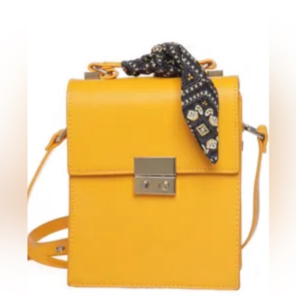 ZARA FAUX LEATHER IN MUSTARD RECTANGULAR BAG WITH SCARF & GOLD TONE ACCENT, SZ S - Picture 1 of 6